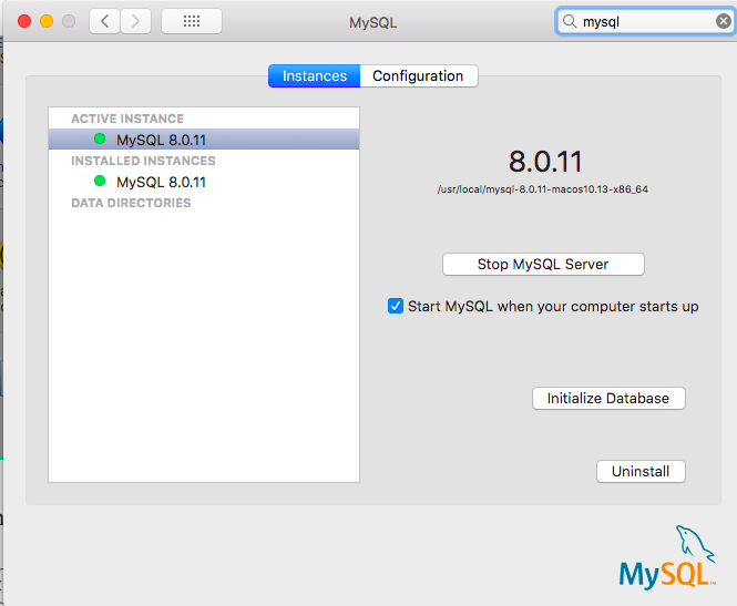 MySQL Preference Panel