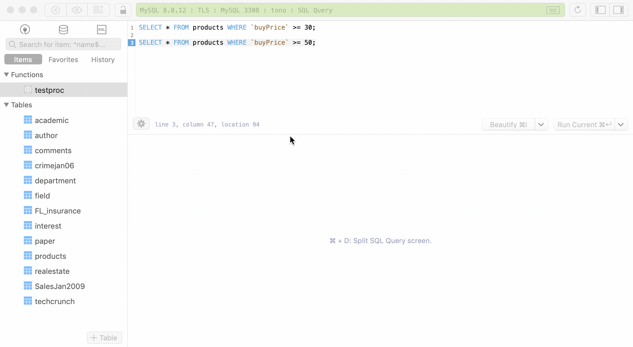 Split results into tabs