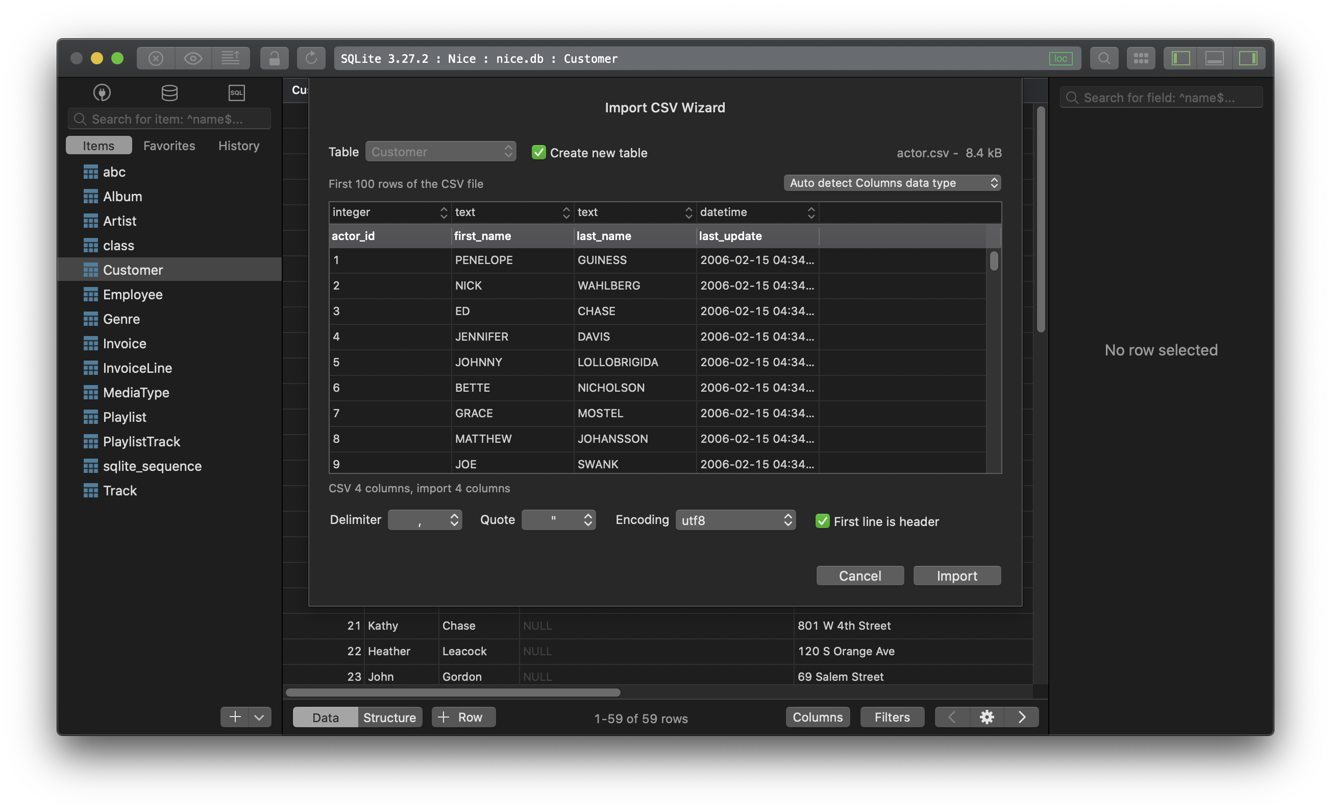 sqlite import csv and create table